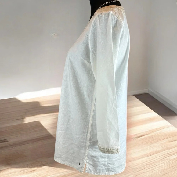 Eddie Bauer Ivory V Neck Embroidered Tunic 3/4 Sleeve Linen Rayon Womens  M Boho - Picture 2 of 7